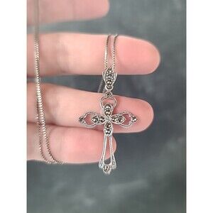 Vior Italian 925 Sterling Silver Marcasite Cross Pendant Necklace Vintage READ